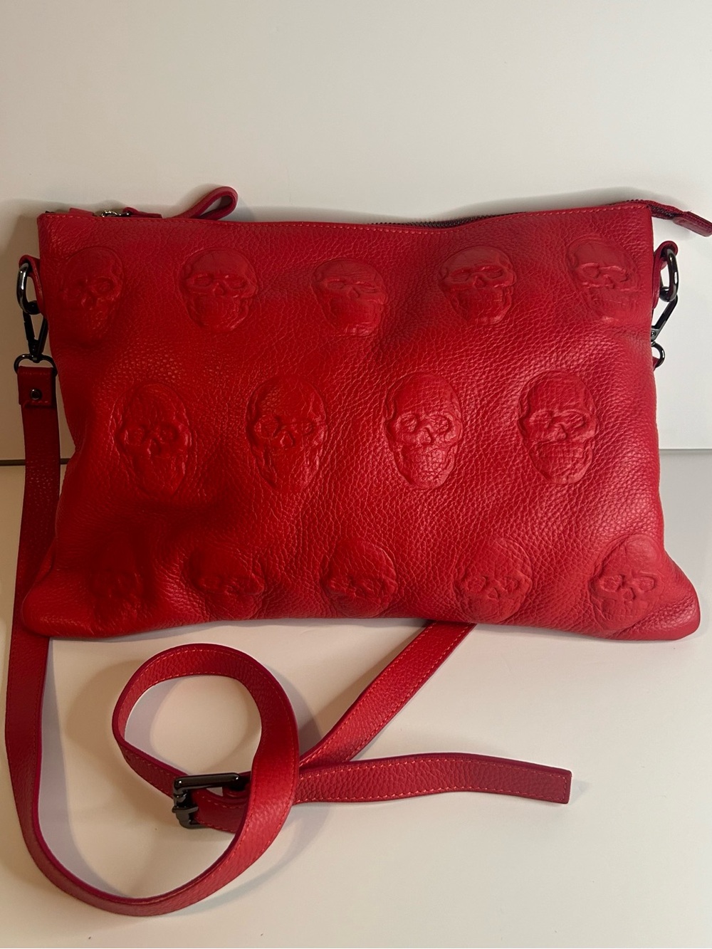 Textured Red Skull Embossed Leather Crossbody Bag